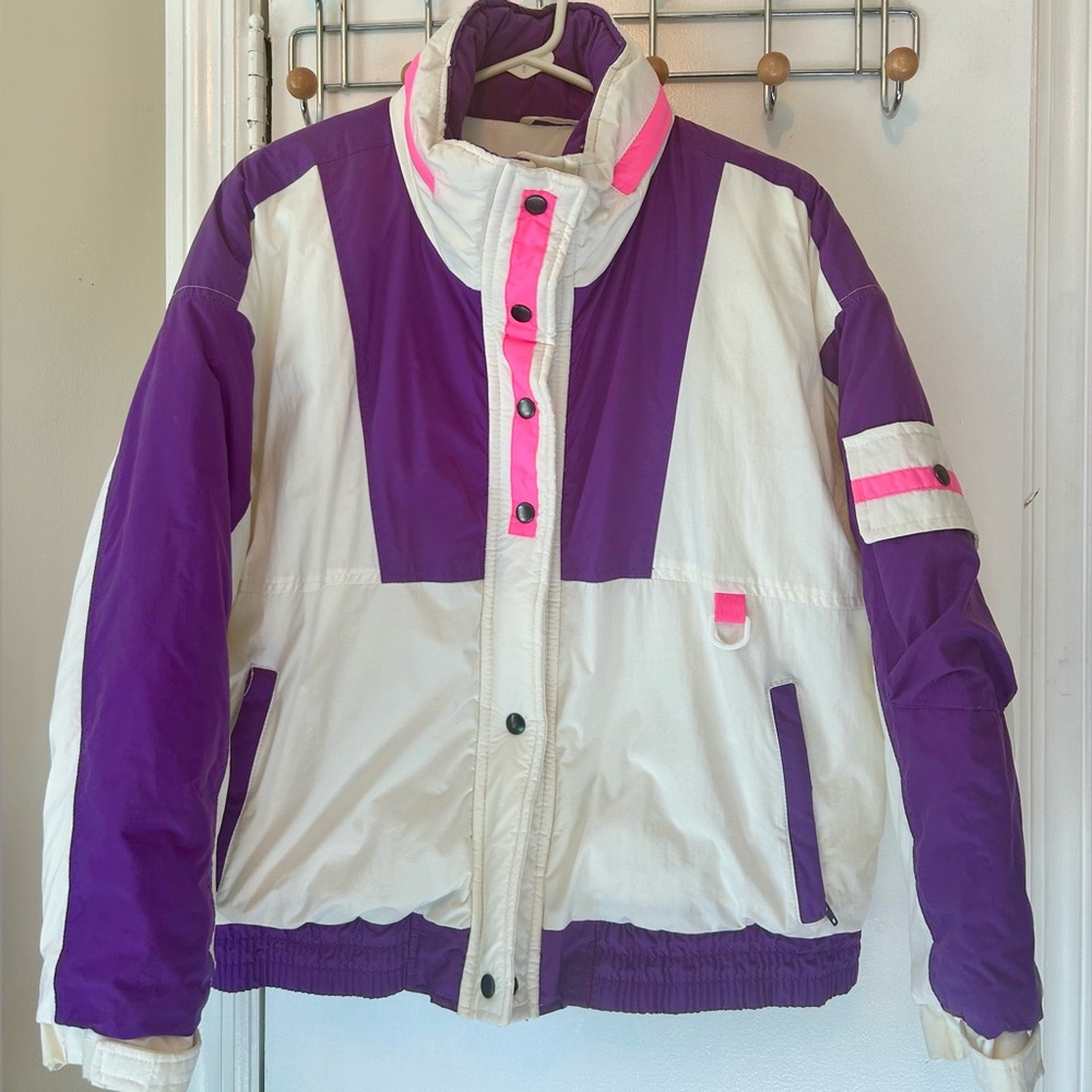 Vintage Purple and White Colorblock Ski Jacket with Pink Accents